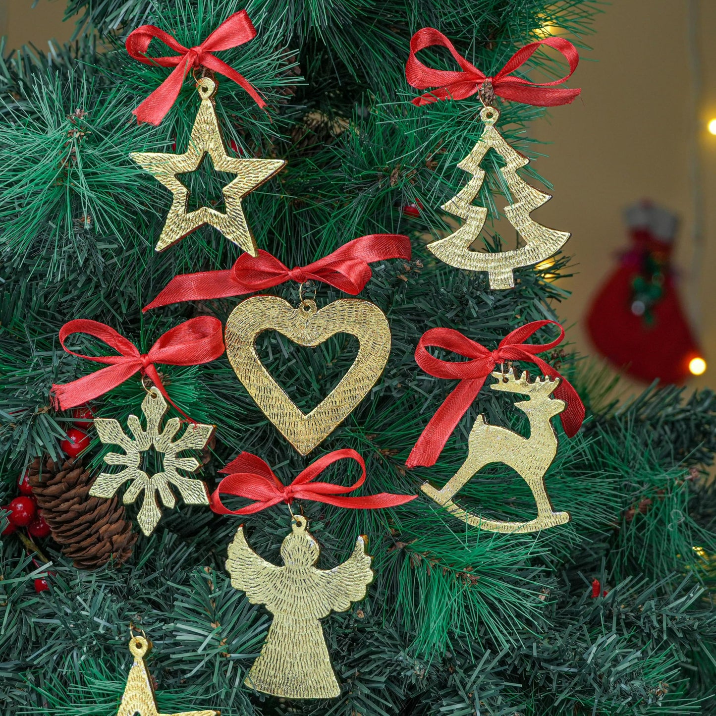 IndianShelf 12 Piece Golden Aluminum Christmas Tree Hanging Ornaments – Reindeer, Angel, Star, Snowflake, Heart & Tree Shapes for Holiday & Home Décor