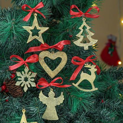 IndianShelf 12 Piece Golden Aluminum Christmas Tree Hanging Ornaments – Reindeer, Angel, Star, Snowflake, Heart & Tree Shapes for Holiday & Home Décor