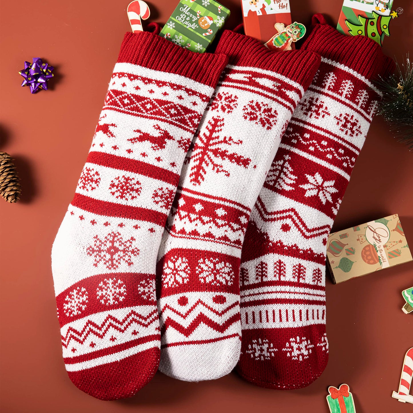 JOYIN 3 Pack 18" Knit Christmas Stockings, Large Rustic Yarn Xmas Stockings for Family Holiday Decorations