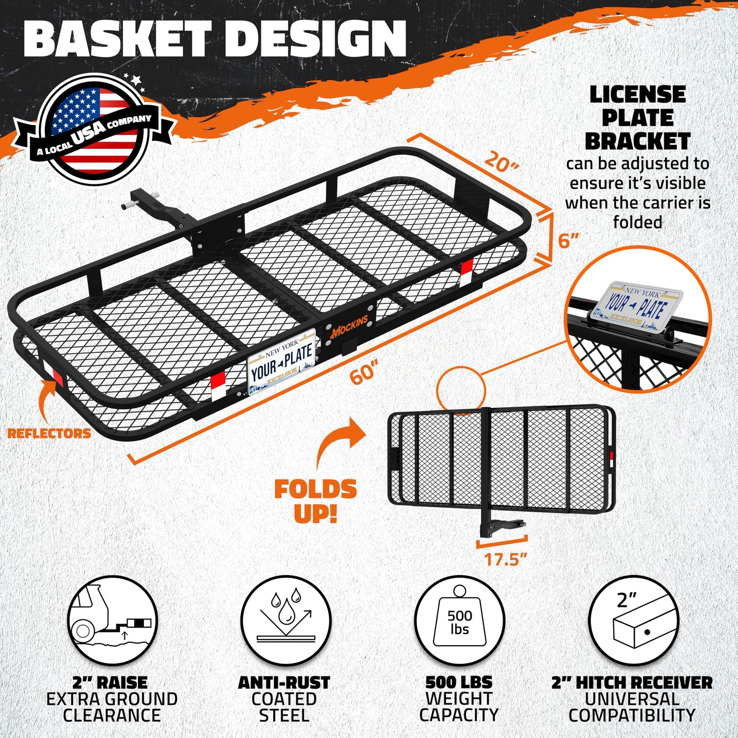 Mockins Folding Luggage Rack for SUV Car Truck ATV & More | 500 lb. Capacity Steel Trailer Hitch Cargo Carrier 60"x20"x6" w/ 16 Cu Ft Waterproof Cargo Bag for Hitch Carrier & Cargo Trailer Accessories