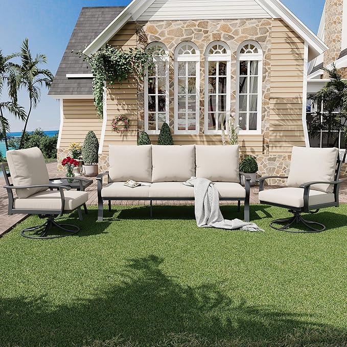 HOMREST Patio Furniture Sets 4 PCS Outdoor Metal Conversation Sets, 360 Degree