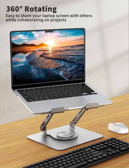 SOUNDANCE Laptop Stand with 360° Rotating Base, Ergonomic Computer Riser for Desk, Adjutable Height Muti-Angle, Foldable Laptop Mount, Stable Metal Holder Support 10-15.6" Notebook PC, Silver Grey