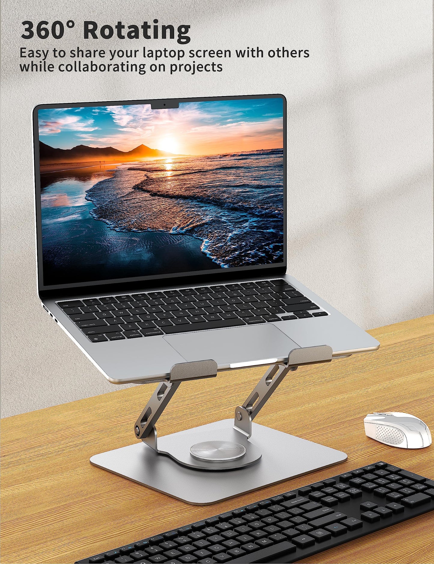 SOUNDANCE Laptop Stand with 360° Rotating Base, Ergonomic Computer Riser for Desk, Adjutable Height Muti-Angle, Foldable Laptop Mount, Stable Metal Holder Support 10-15.6" Notebook PC, Silver Grey
