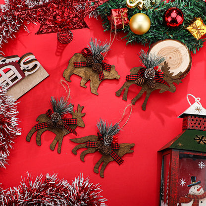 Blulu 8 Pcs Rustic Woodland Christmas Ornaments with Buffalo Plaid Bow Farmhouse Wooden Christmas Decorations for Tree Wooden Animal Hanging Ornaments for Xmas Home Decor(Classic Style)