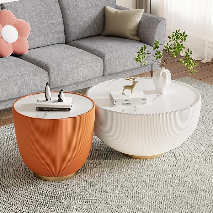 Round Marble Coffee Table Set of 2, 2 Piece Coffee Table and End Table