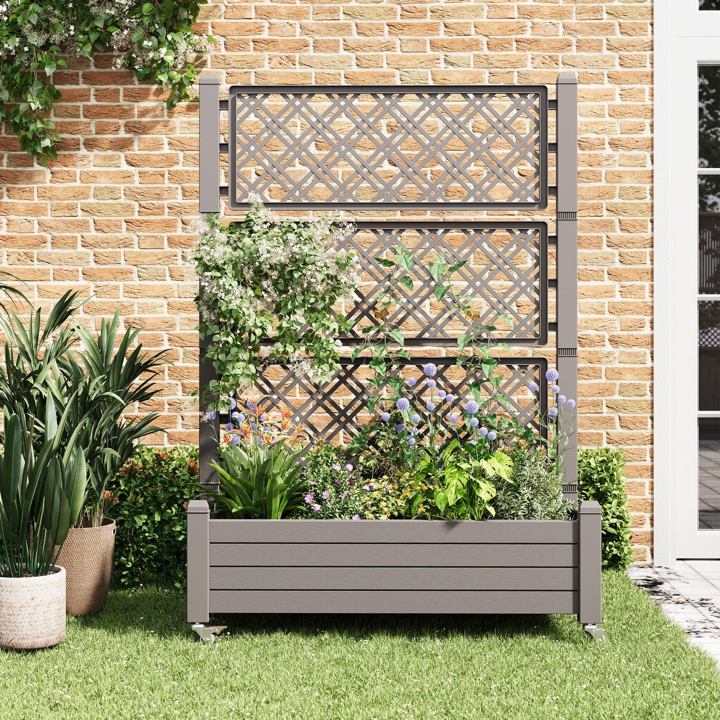 WTFGO Resin Raised Garden Bed with Trellis and Wheels - Plasitc Planter Box with Trellis Outdoor with Drainage Holes & Water Monitor for Climbing Plants, Flower, Gray(61.2" H)