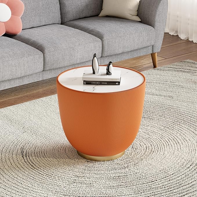 Henf Marble Round Side Table, 19.7" Fluted End Table