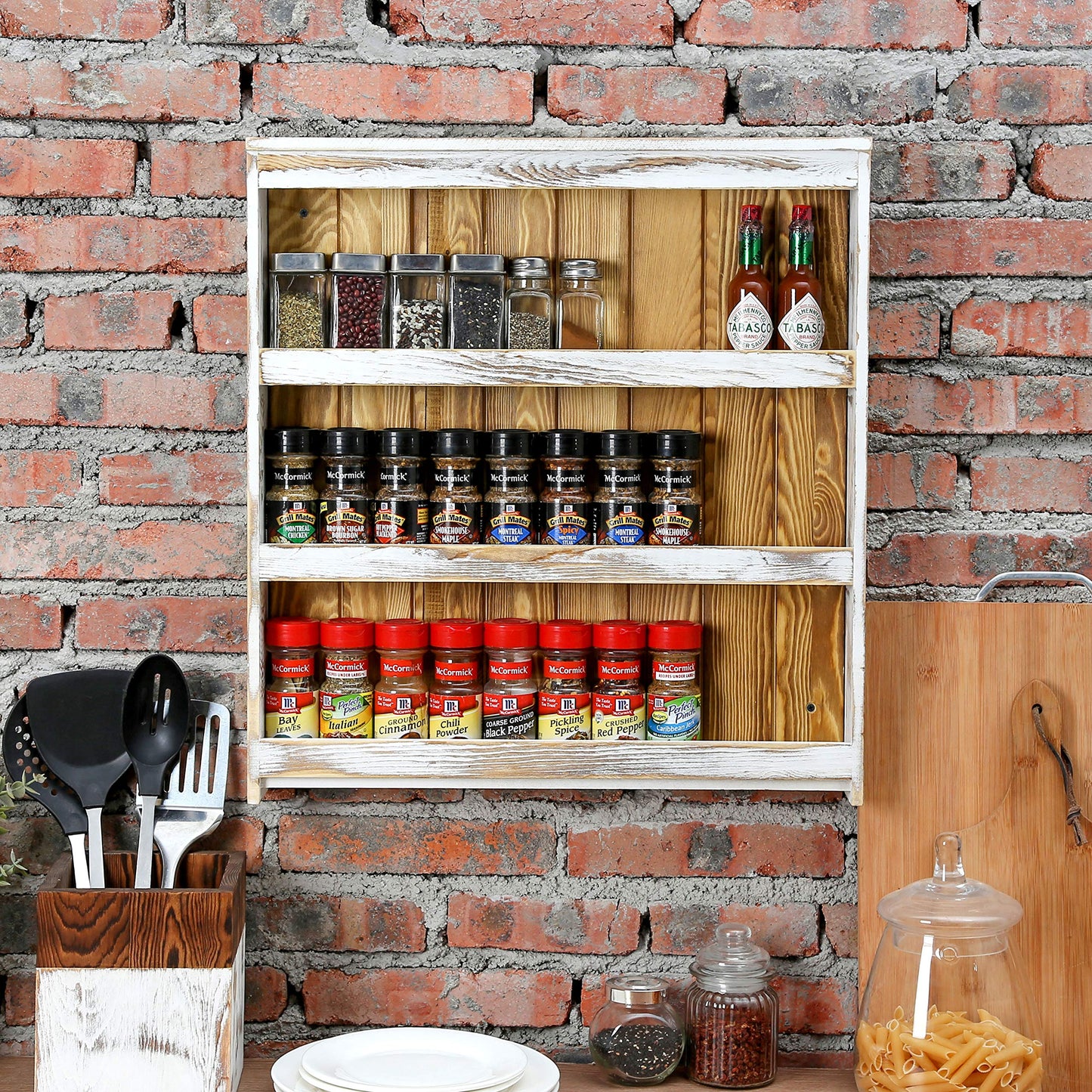 MyGift 3 Tier Spice Rack Wall Mount, Hanging Kitchen Pantry Storage Shelf for Seasoning Jars or Condiment Bottles, Shabby White Washed and Rustic Natural Burnt Solid Wood