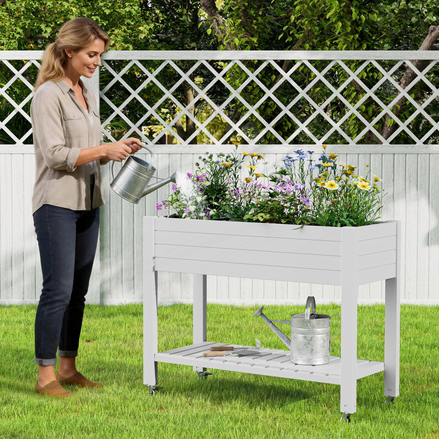 WTFGO Raised Garden Bed with Wheels, Divisible Resin Planter Box with Drainage Gauge & Storage Shelf, Herb Planter for Garden Patio Backyard, Ashen (33.7" h)