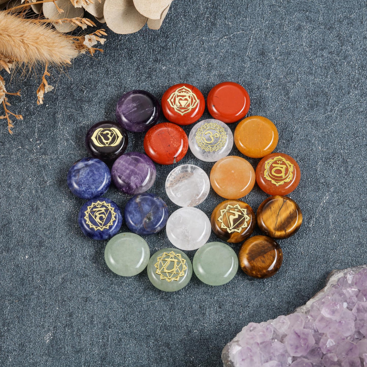 GEHECRST Chakra Crystals Stones Set 7 Chakra Healing Energy Crystals Gemstones Reiki Symbol Polished Pocket Palm Stone for Stress Relief Reiki Chakra Balancing Meditation Decoration Crystal Gifts