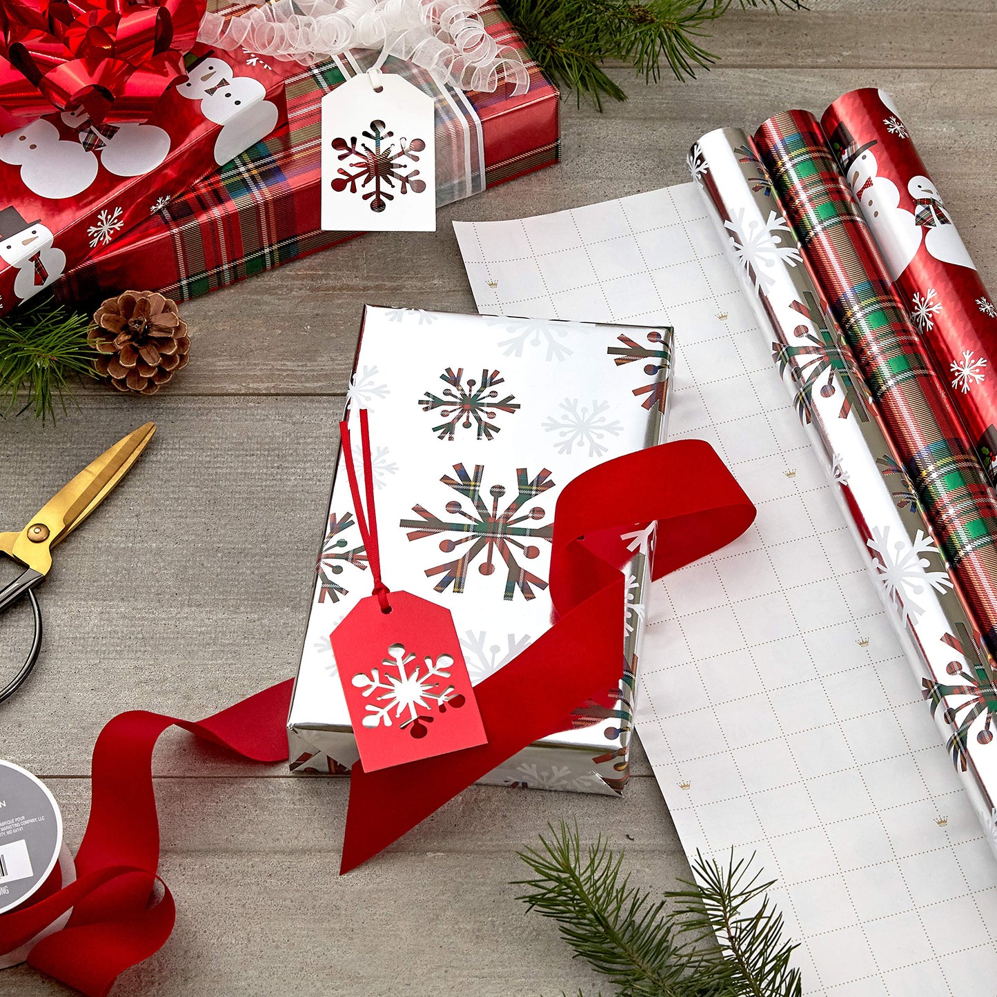 Hallmark Foil Christmas Wrapping Paper with Cut Lines on Reverse (3 Rolls: 60 sq. ft. ttl) Plaid Snowflakes, Snowmen, Red, Green and Blue Plaid