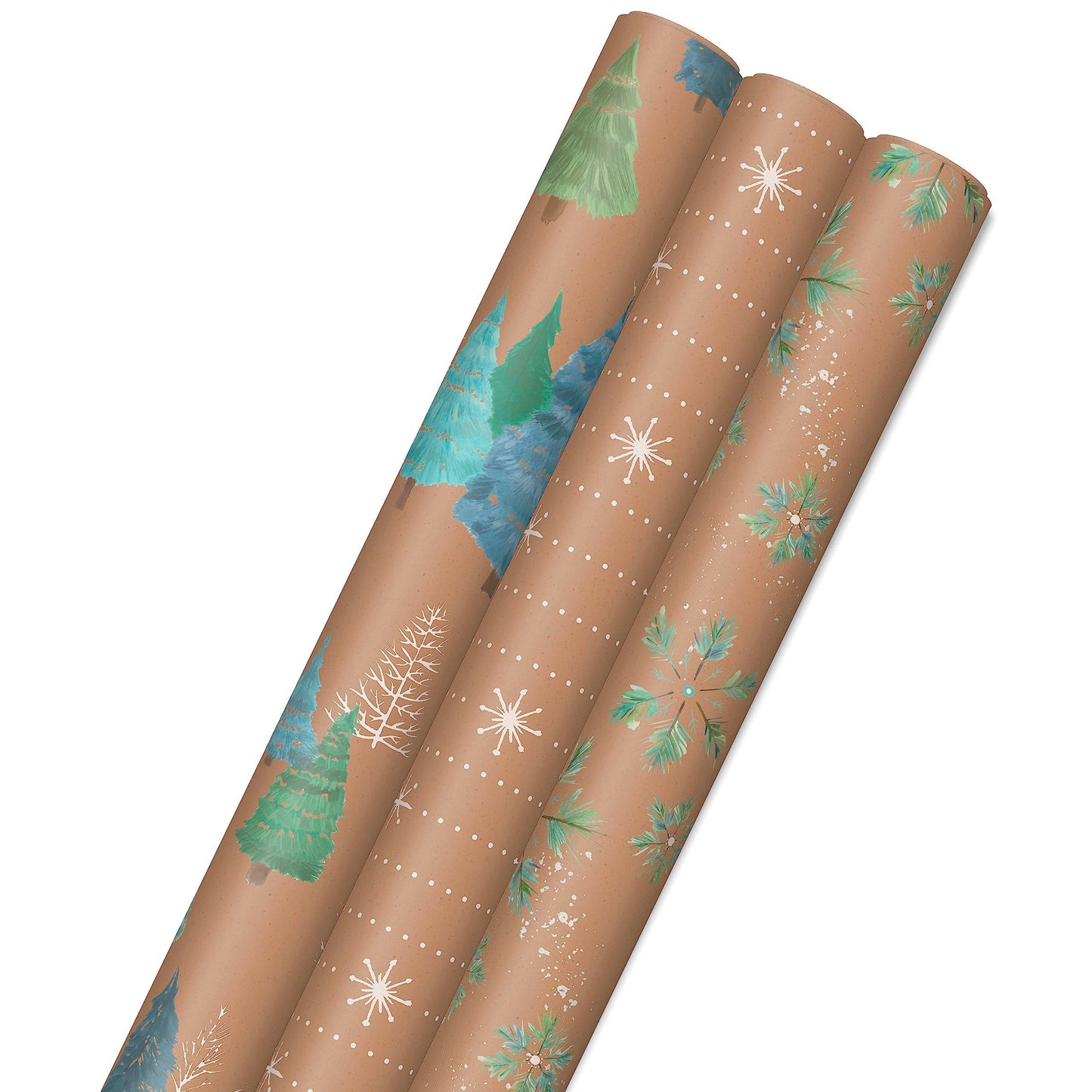 Hallmark Christmas Wrapping Paper Rolls, Brown Kraft Snowflakes, Blue and Green Foliage, Trees Gift Wrap (Pack of 3: 90 sq. ft. ttl.) for Holiday Parties, Winter Weddings, Birthdays