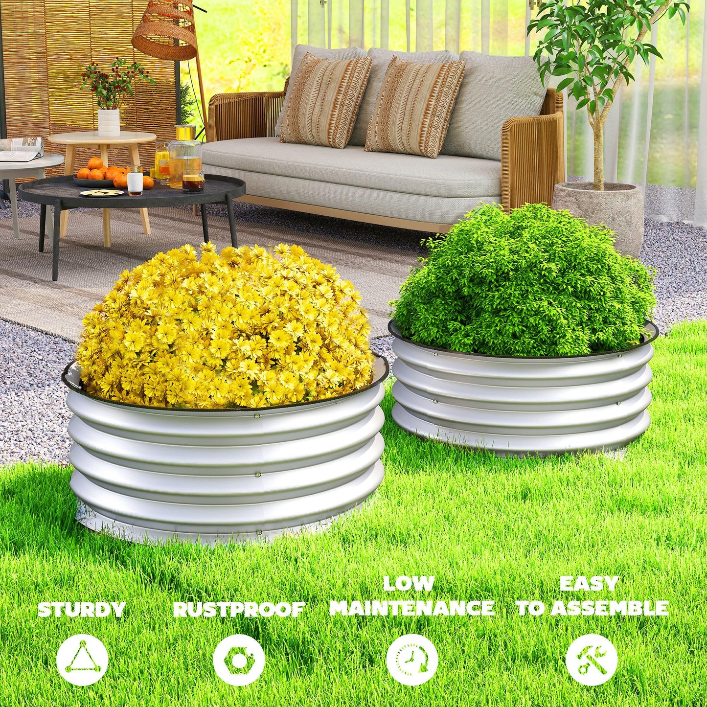 Outsunny Galvanized Raised Garden Bed Set of 2, Planters for Outdoor Plants with Safety Edging, Easy-to-Assemble Stock Tanks for Growing Flowers, Herbs and Vegetables, 2' x 2' x 1', Silver