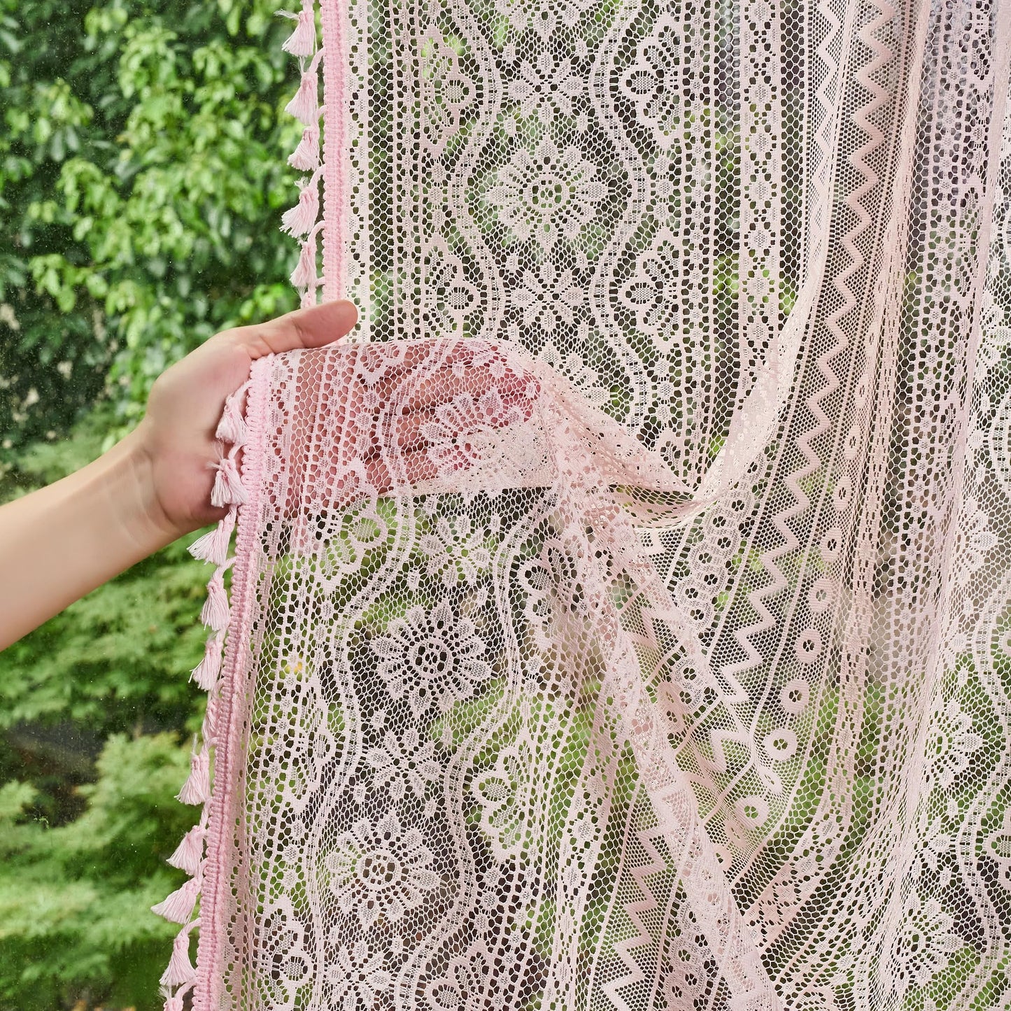 MYSKY HOME Pink Sheer Lace Curtains 2 Panels 63 inch Length for Girls Room Nursery Boho Vintage Floral Crochet Pattern Privacy Rod Pocket Tassels Small Windows Curtains, Wide 55 inch, 2 PCs