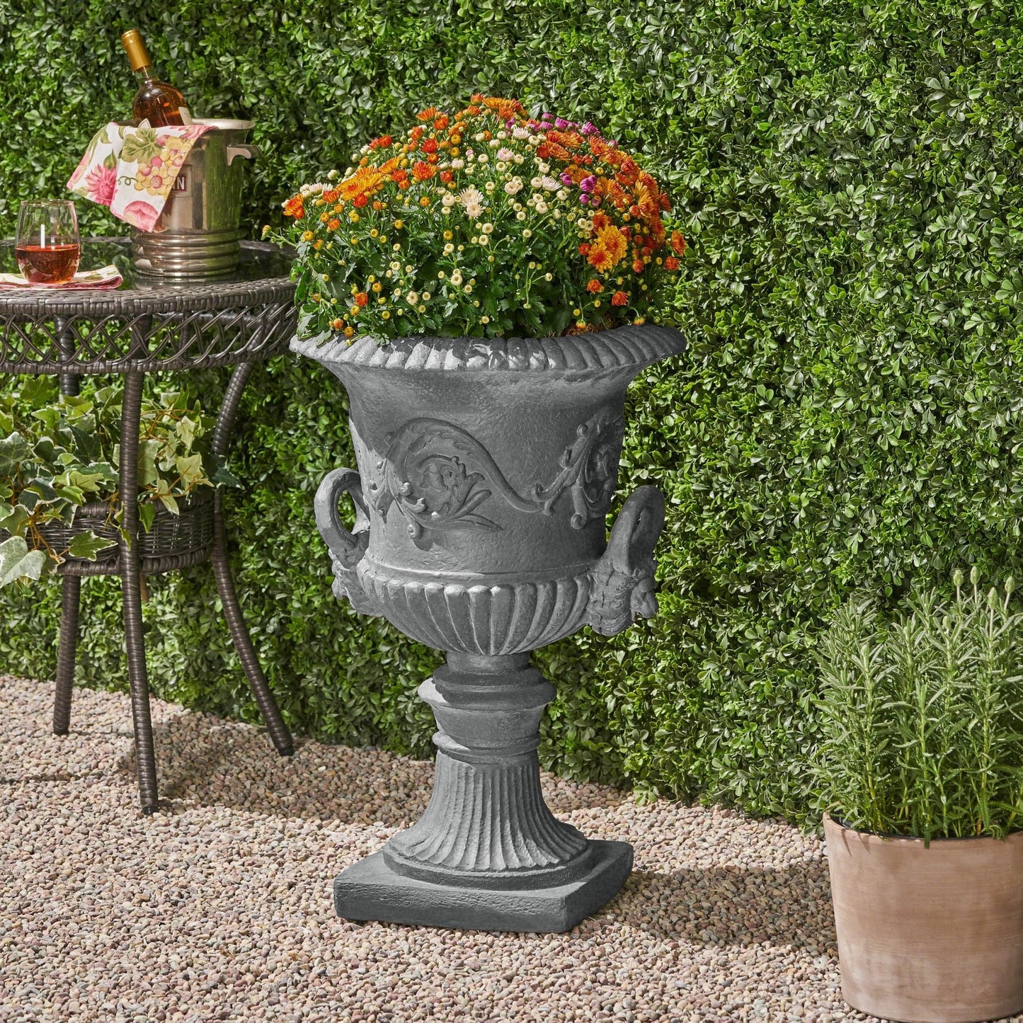 PETALORE Antique Gray Large Urn Planter Outdoor, Tall Pedestal Planters for Outdoor Plants, Classic Roman Garden Urn Flower Pot with Square Base, Magnesium Oxide Faux Stone Planter for Patio or Porch