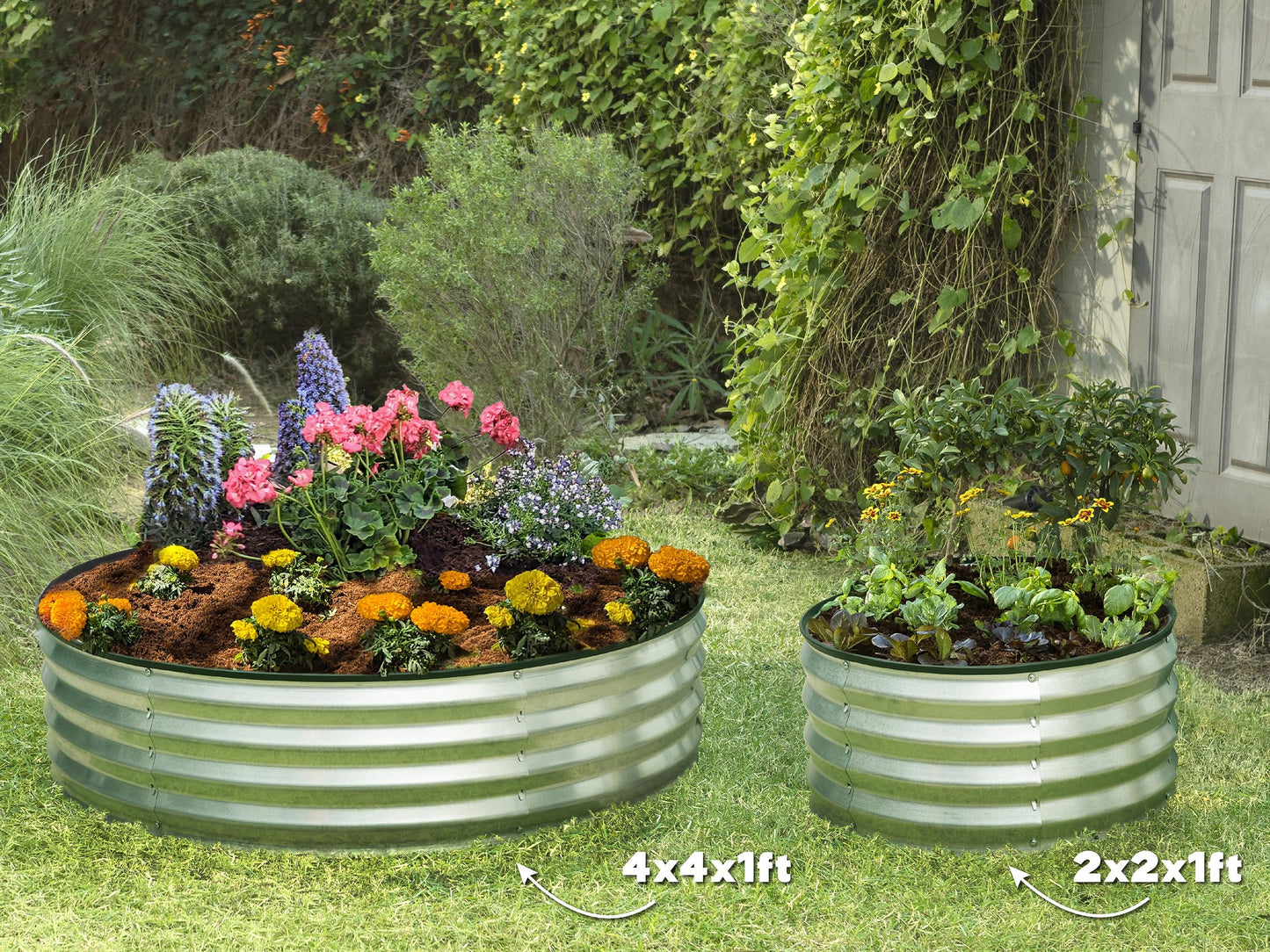 Round Galvanized Raised Garden Bed // 2×2×1 ft Galvanized Raised Garden Beds Outdoor for Gardening, Vegetables, Flowers // Patented Tool-Free Design Round Planter (Silver)