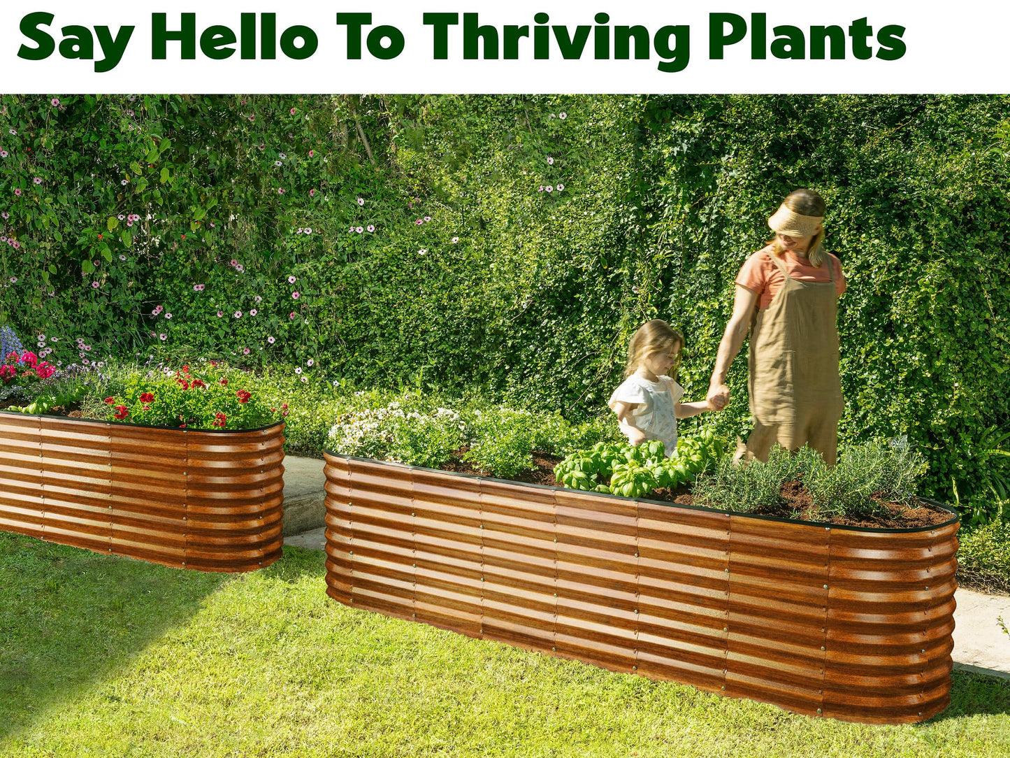 Plant & Plot Galvanized Raised Garden Beds Outdoor // 8×2×2 ft Planter Raised Beds for Gardening, Vegetables, Flowers (Dark Wood Grain) // Large Metal Garden Box // Patented Tool-Free Design