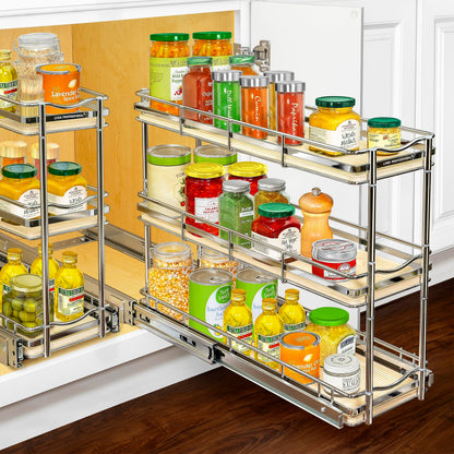 LYNK PROFESSIONAL® Pull Out Spice Rack Organizer for Inside Kitchen Cabinets - 4-1/4 inch Wide - Slide Out Drawer – Chrome Sliding Spice Cabinet Organization Shelf Racks - 2 Tier