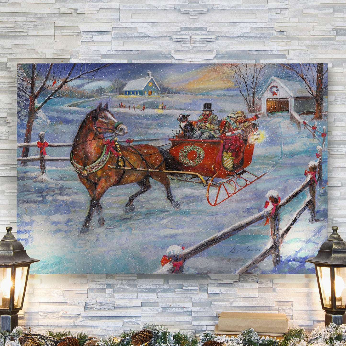 Renditions Gallery Xmas Canvas Wall Art Paintings Ruane Manning Sleigh Bells Christmas Ride Abstract Art Wall Hanging Prints for Bedroom Dining Living Room Office Home Kitchen Decor - 32"X48" LT18