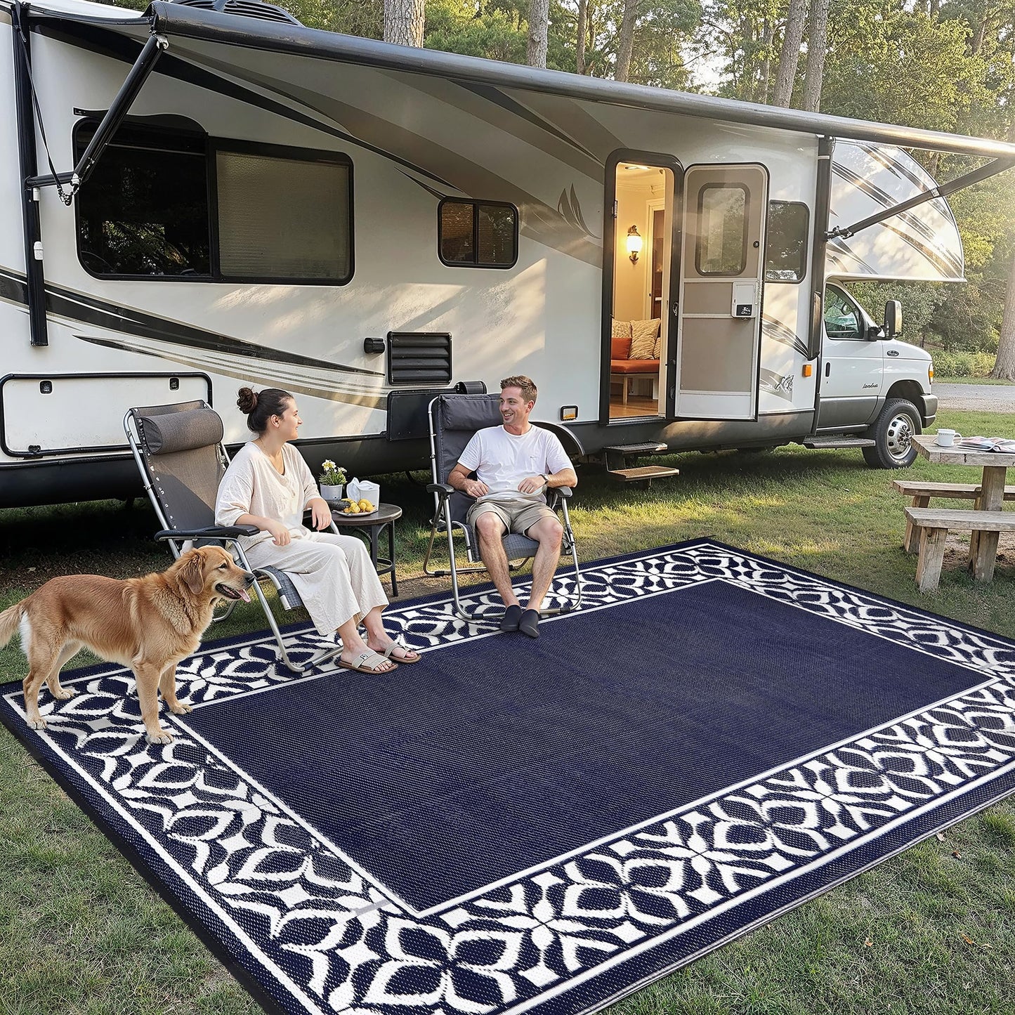 PureCozy Outdoor Plastic Straw Rug Navy Blue Large Outside Waterproof Outdoor Patio 10x14 Carpet Geometric Reversible Mat Modern for Camping RV Porch Deck Balcony Beach