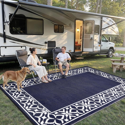 PureCozy Outdoor Plastic Straw Rug Navy Blue Large Outside Waterproof Outdoor Patio 10x14 Carpet Geometric Reversible Mat Modern for Camping RV Porch Deck Balcony Beach