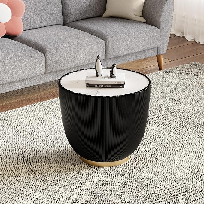 Black Round Side Table, 19.7" Faux Marble Fluted End Table