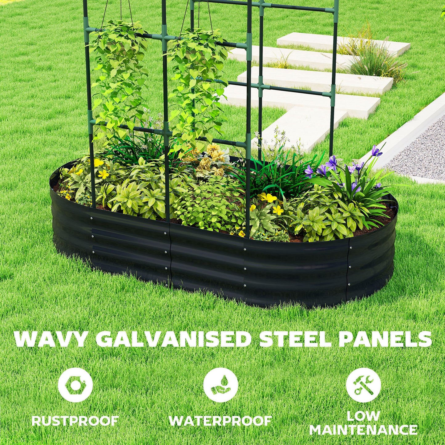 Outsunny Galvanised Raised Garden Bed with Arched Trellis, 5 x 3 x 6ft Metal Outdoor Planter Box with Open Bottom Design, Modular Raised Bed with Gloves for Vegetable Flower, Easy Assembly, Dark Gray