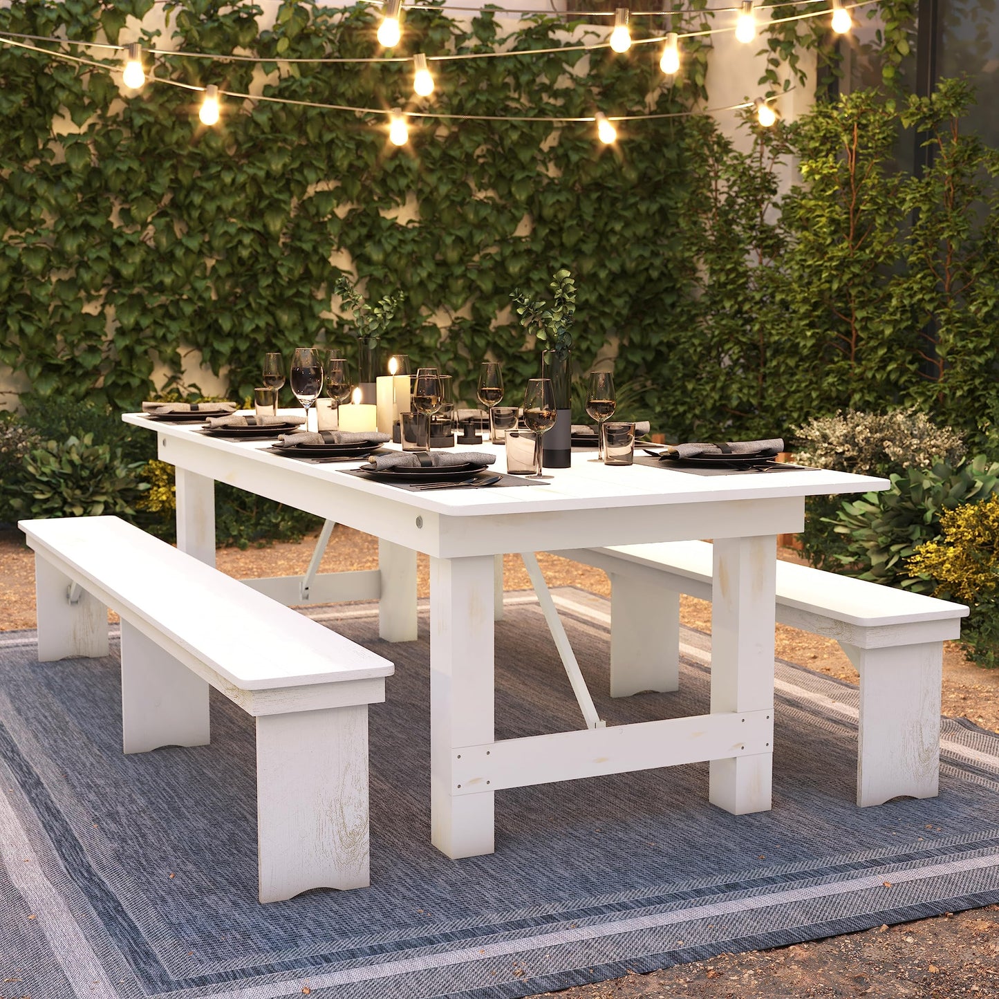 Flash Furniture Hercules Commercial Grade Farmhouse Dining Table | Solid Pine Foldable Table for 10 in Antique Rustic White | Rustic Charm for Home and Events