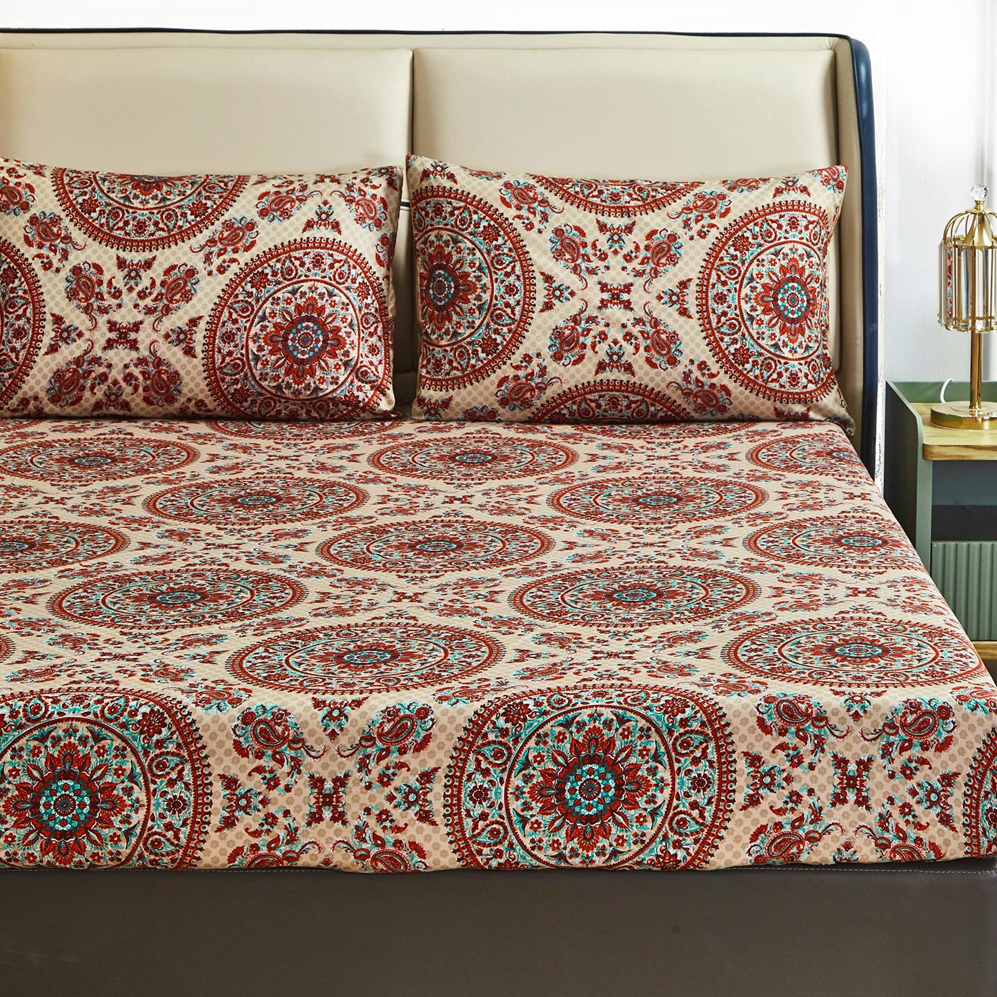 Tache Bohemian Mandala Fitted Sheet + Pillowcases - Retro Vintage Rustic Boho Chic Medallion Paisley Boteh 15-inch Deep Pocket Bed Sheet, 3 Piece Set, King