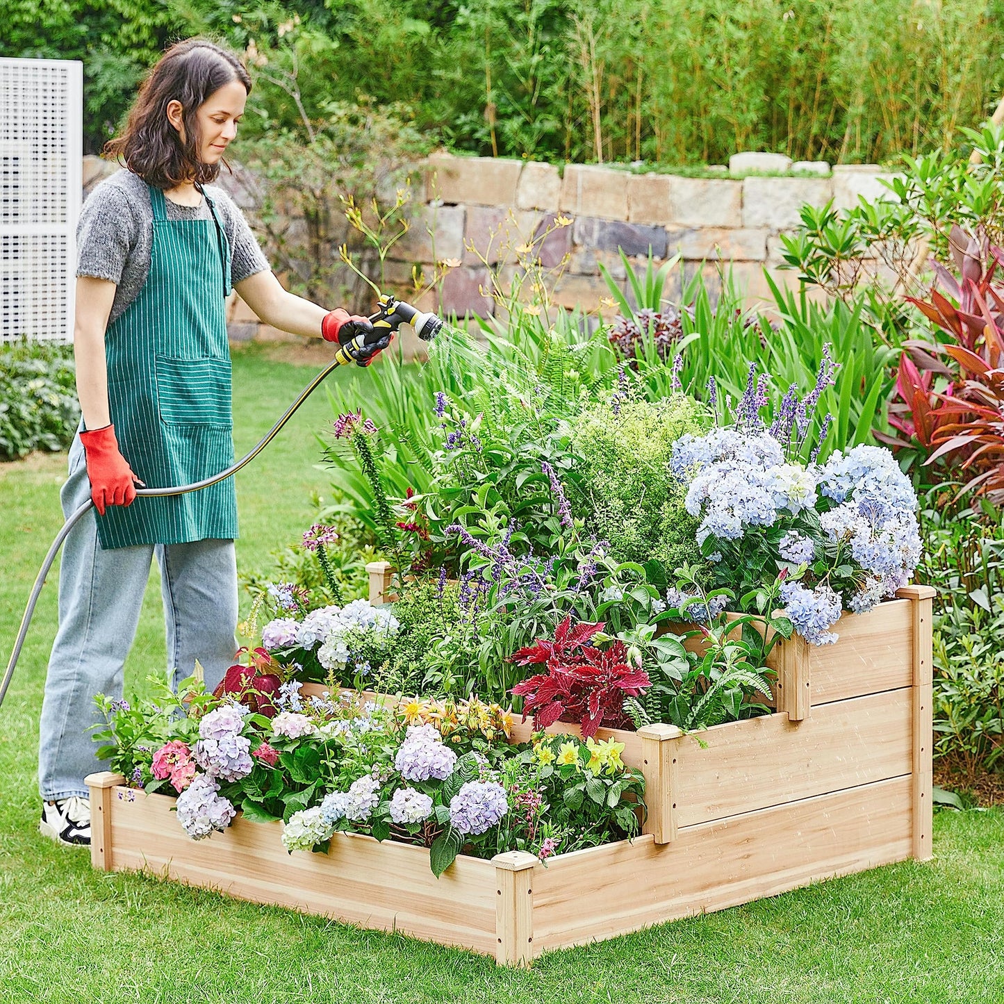 Yaheetech 3 Tier 47 x 47 x 22in Raised Garden Bed Horticulture Outdoor Elevated Flower Box Tiered Garden Bed Wooden Vegetables Growing Planter for Backyard/Patio/Gardener