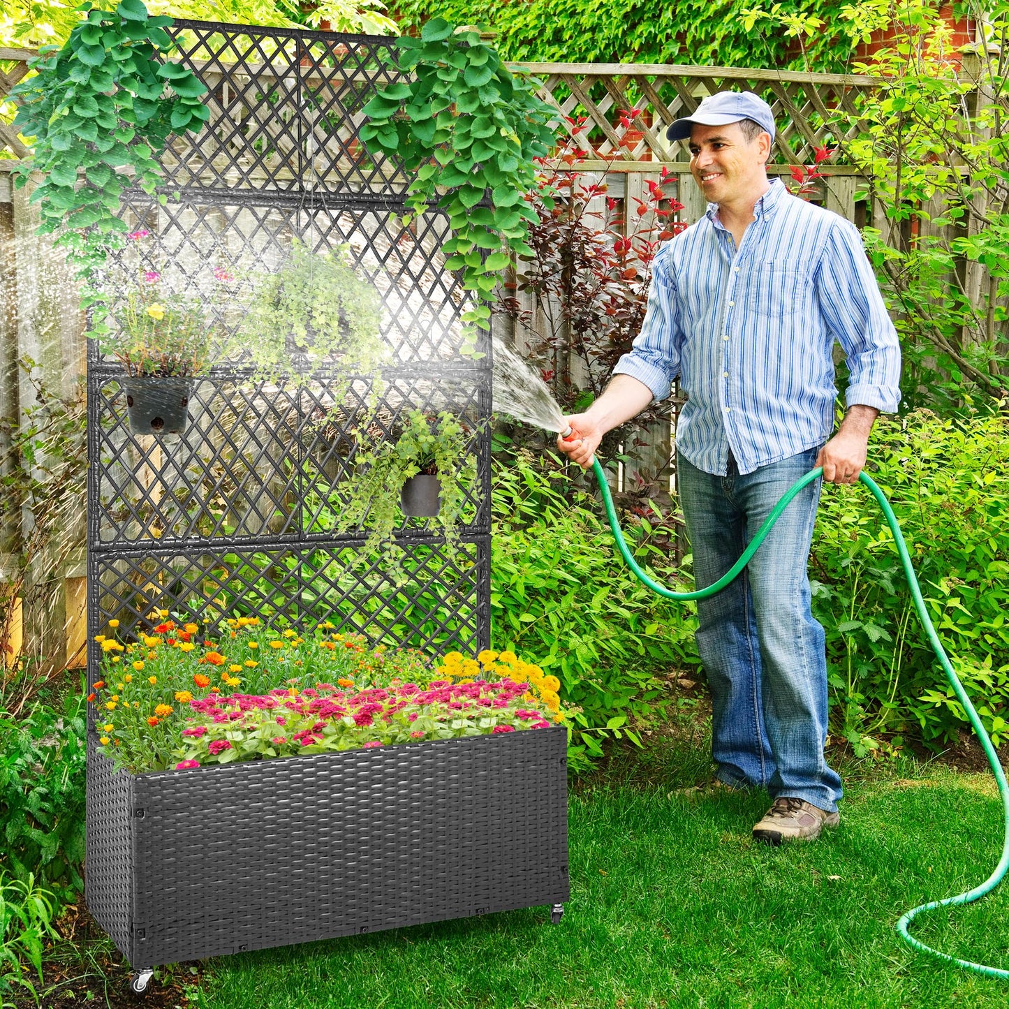 GENMOUS 72in/5.9ft Metal Raised Garden Bed with Trellis, Planter Box Trellis with Wheels for Vine Climbing Plants, Trellis with Drainage Holes for Flowers, Vegetables in Garden, Patio, Balcony （Black）