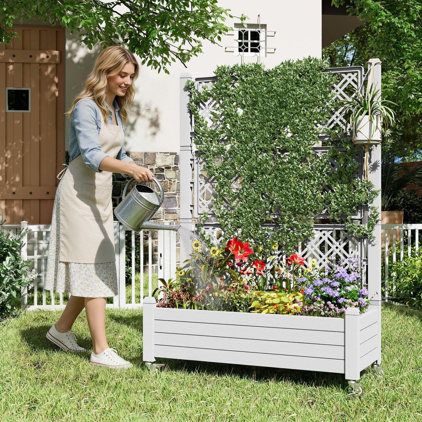 Fancyango Raised Garden Bed with Trellis and Wheels, Resin Planter Box with Trellis with Drainage Holes & Water Monitor, Privacy Planters for Patio for Climbing Plants, Ashen(2 Pack)
