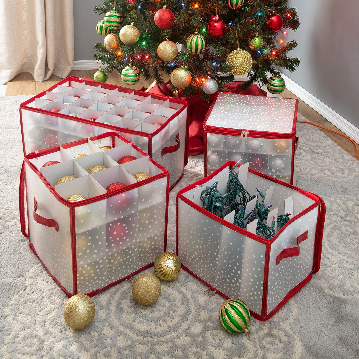 Simplify Holiday Light Organizer Box | Holds 500 Lights | Christmas Storage | Tree String Lights | 5 Divider Reels | Collapsible | Ultra Zip | Red