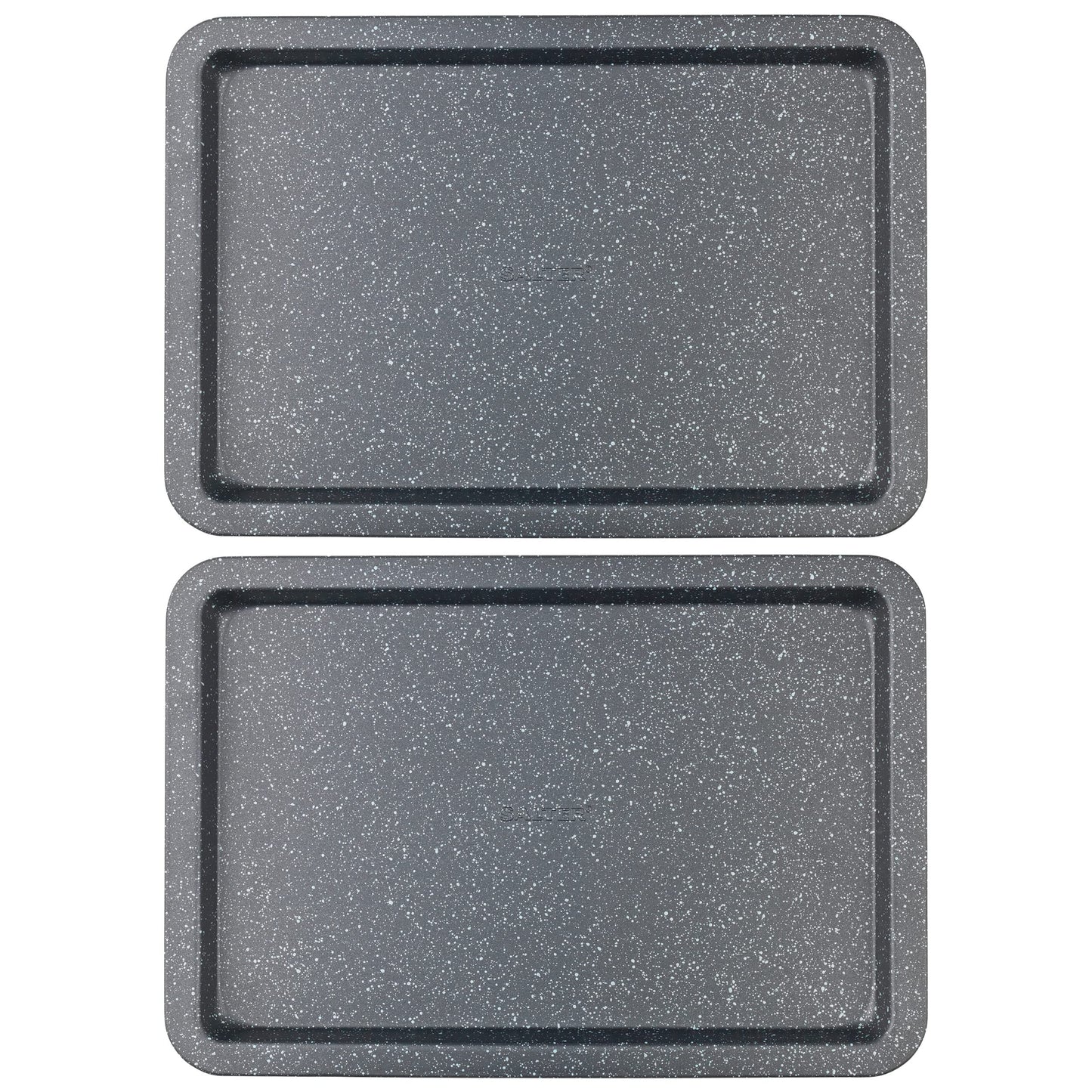 Salter COMBO-8261 Baking Tray Set of 2, Non-Stick Carbon Steel Oven Sheet, Easy Clean, Strong & Durable, Long Lasting, PFOA-Free, Megastone Collection, Black/Silver, 37 cm