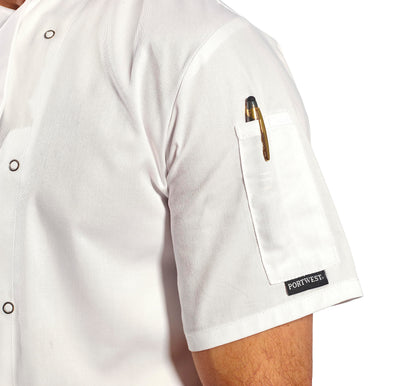 Portwest C733 Men's Cumbria Chef Jacket Lightweight Short Sleeve Durable Workwear Multi Functional Apron with Sleeve Pocket Machine Washable, White, L