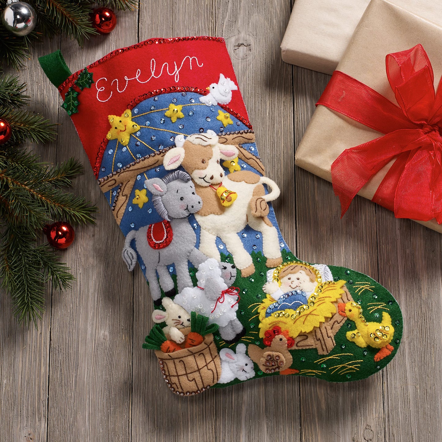 Bucilla Felt Applique 18" Stocking Making Kit, Christmas Nativity, Perfect for DIY Arts and Crafts, 89531E
