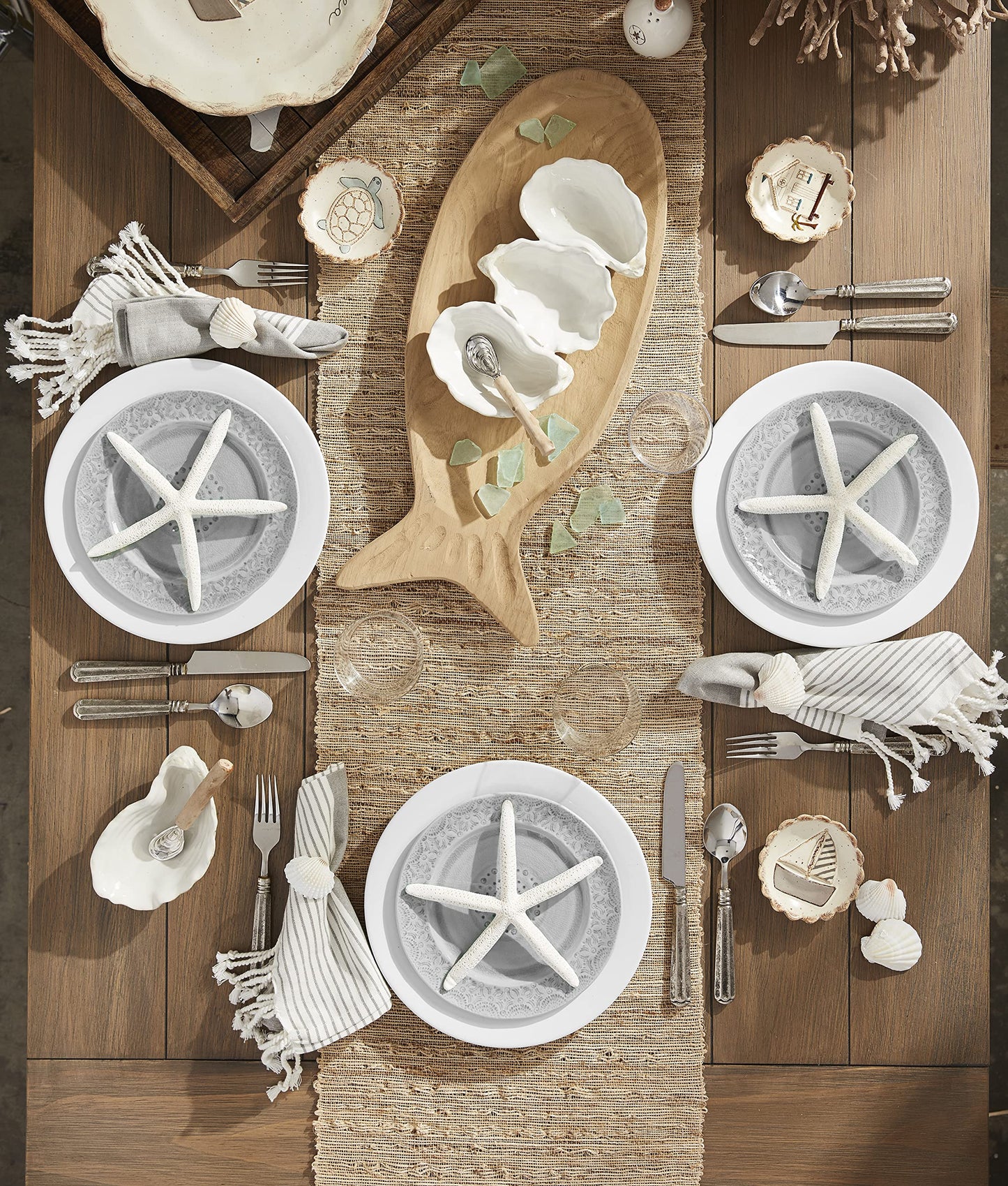 Mud Pie Oyster Shaped Triple Dip and Serving Set, White, 10.25" x 5.5"