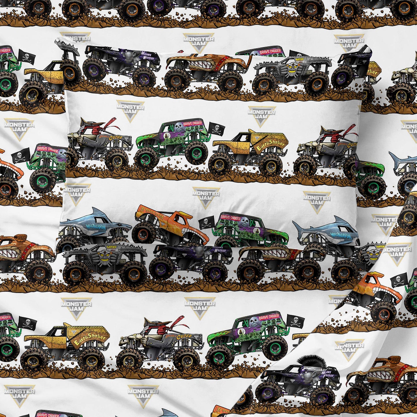 Jay Franco Kids Sheet Set with Fitted, Flat Sheets & Pillow Cover - Ultra-Soft Bedding with Pillowcase for Room Decor, Multi - Monster Jam, 4 Piece Full