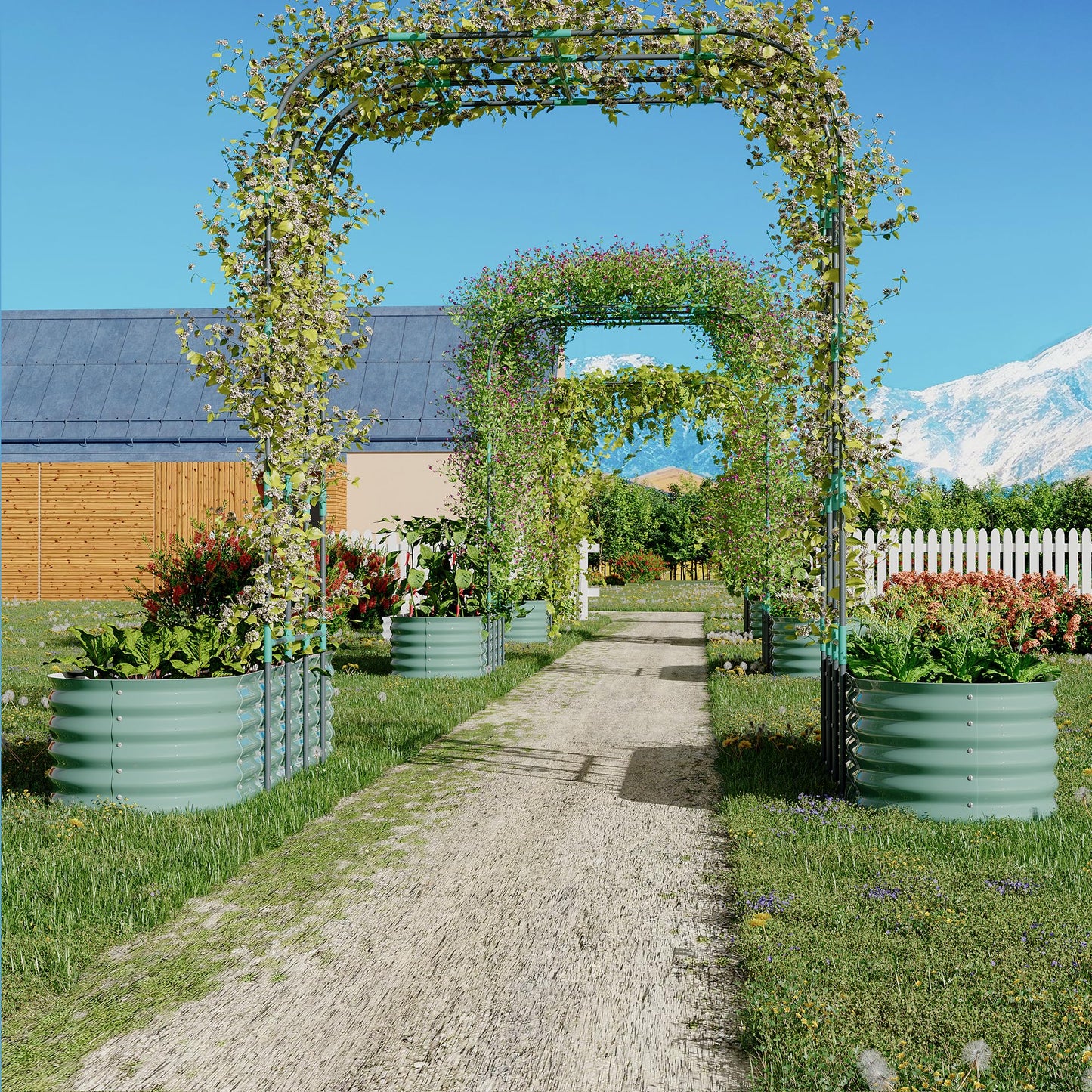 Galvanized Raised Garden Bed with 96 in Tall Vertical Arch Trellis – Expandable Rust-Resistant Planter Box for Outdoor Plants, Flowers, Herbs & Vines – Includes Plant Clips, Drainage Netting,Green