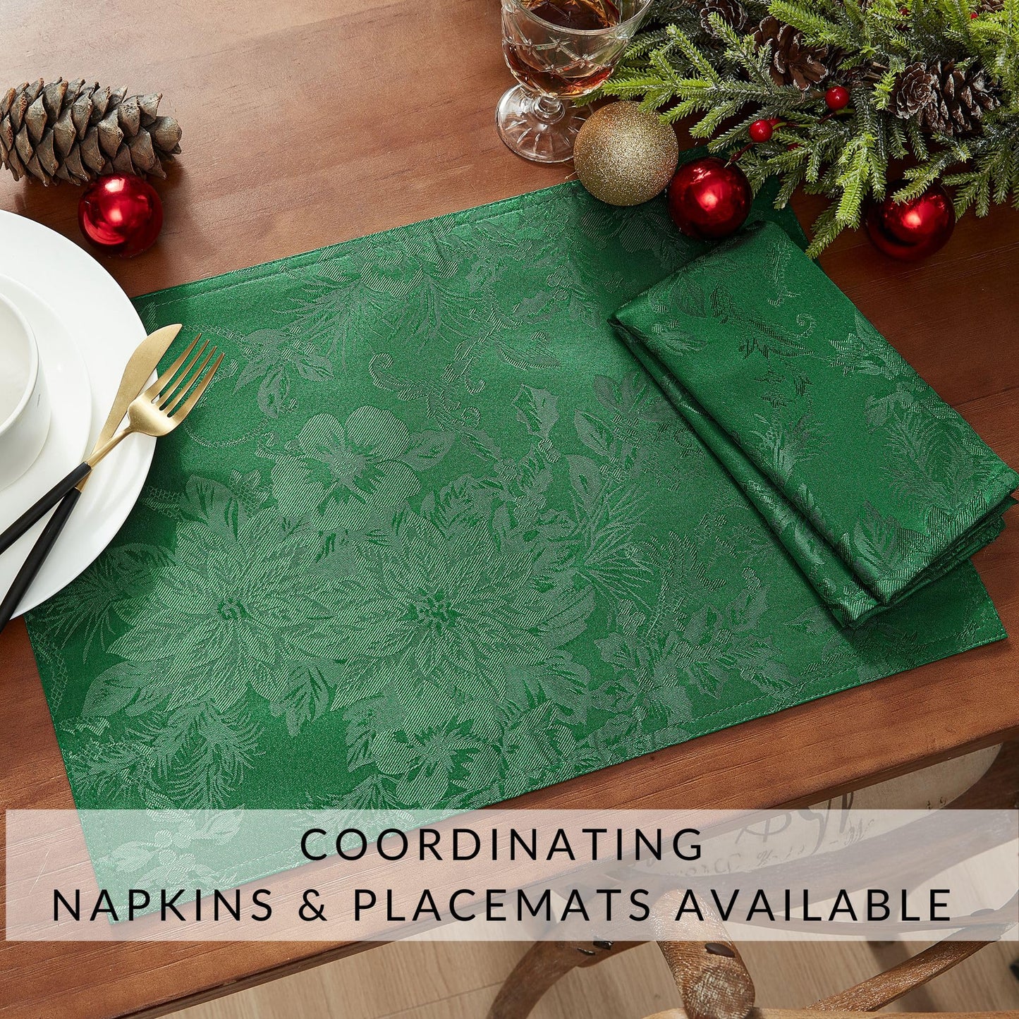 Poinsettia Elegance Jacquard Holiday Table Collection, Polyester, Green, 60" x 84" Oval (Tablecloth)