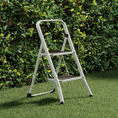 Home Vida 2 Step Ladder - Heavy Duty Steel Folding Ladder with Slip-Resistant and Wide Steps, Folding Mechanism, 150kg Max Load, Home/Kitchen/DIY/Garden Use, White