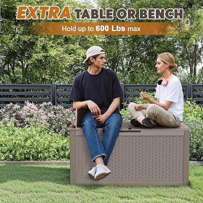 Outdoor Storage Box, Resin Deck Boxes Indoor and outdoor, Waterproof Storage Box Lockable Lid (Grey, 110 Gallon)