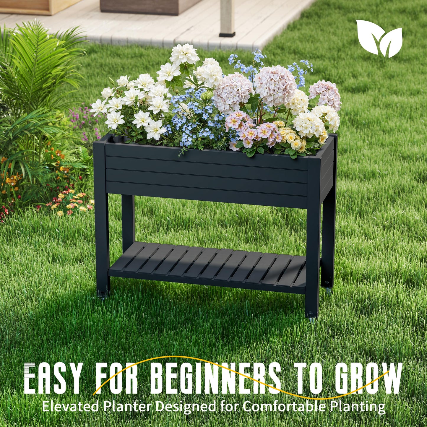 EasyUp 21 Gallon Raised Garden Bed with Legs and Wheels, Raised Planter Box with Drainage Plug and Gauge, Lower Shelf for Tools and Accessories, Dust-Proof Resin for Patio and Backyard(Black)