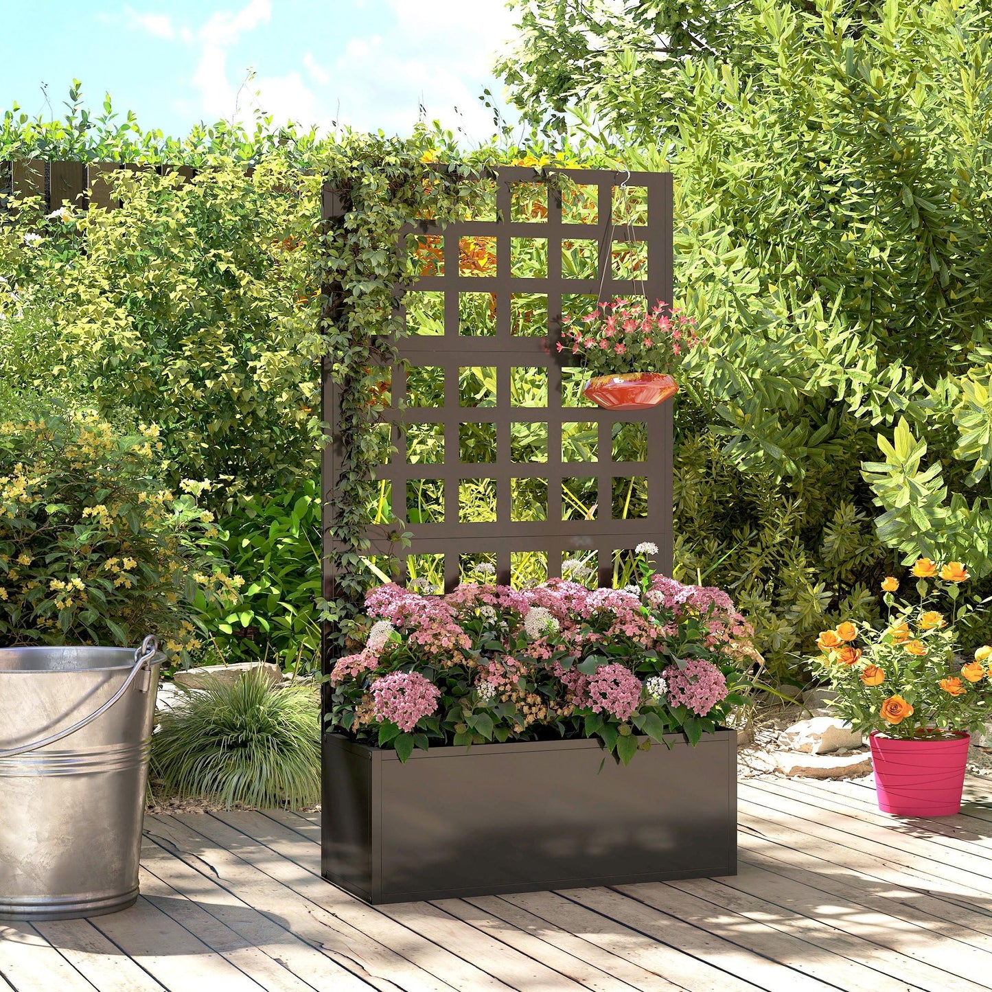 Outsunny Galvanized Raised Garden Bed with Trellis, Metal Planter Box with Drainage Holes, Outdoor Privacy Screen for Climbing Plants, Vegetable, Vines, 24" x 9" x 44.5", Black