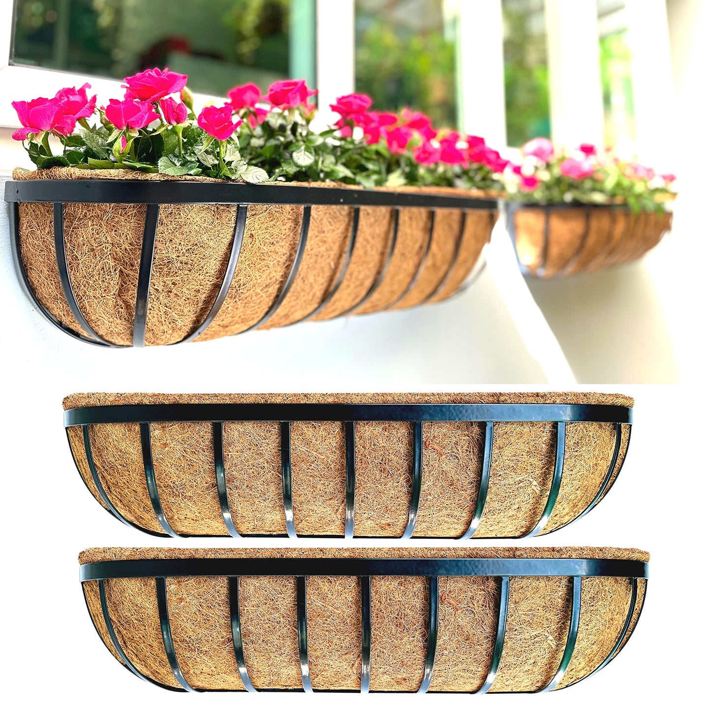 LaLaGreen Outdoor Wall Planter - 30 Inch, 2 Pack Black Metal Window Boxes Planters Attach to House, Large Flower Basket Deck Railings Hanging with Coco Liner Horse Troughs Fence Balcony Patio Porch