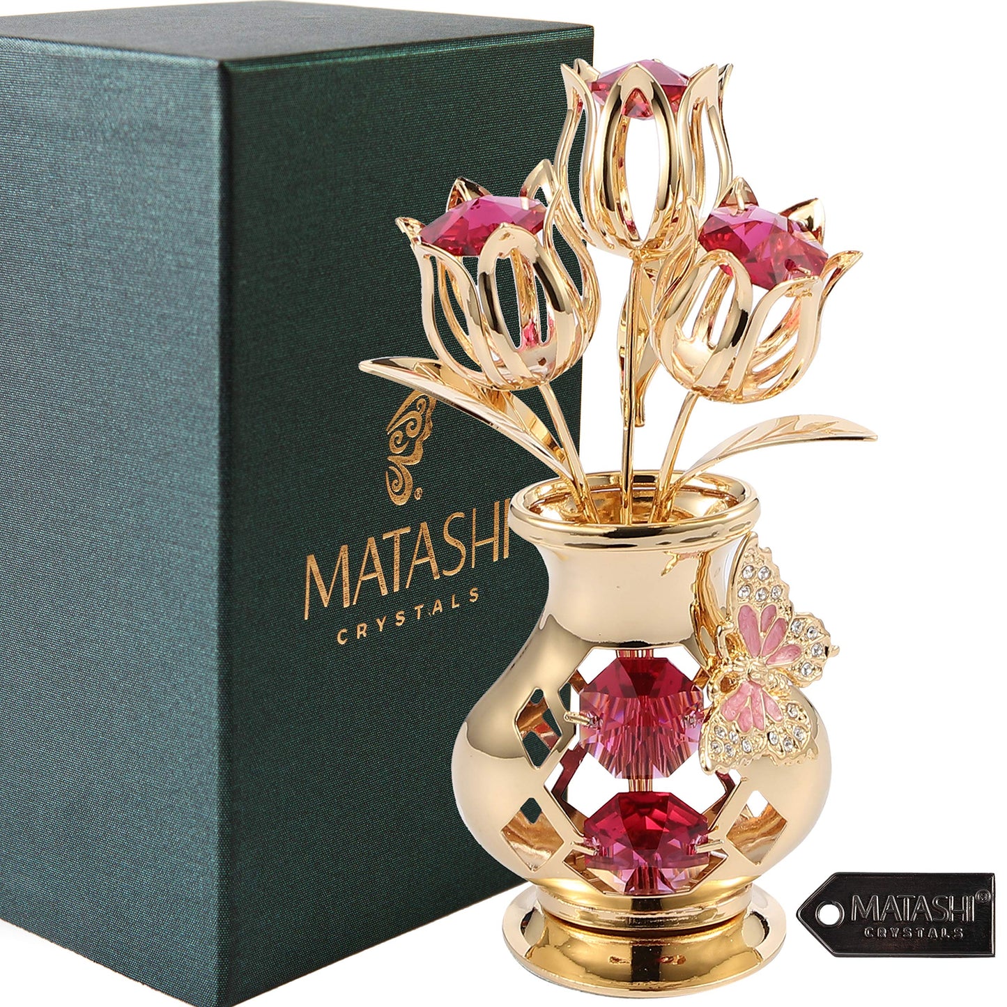 Matashi Crystal Studded 24K Gold Plated Tulip Bouquet in Butterfly Vase – Unique Crystal Flower Figurine for Women, Anniversary, Birthday, and Home Decor Centerpiece