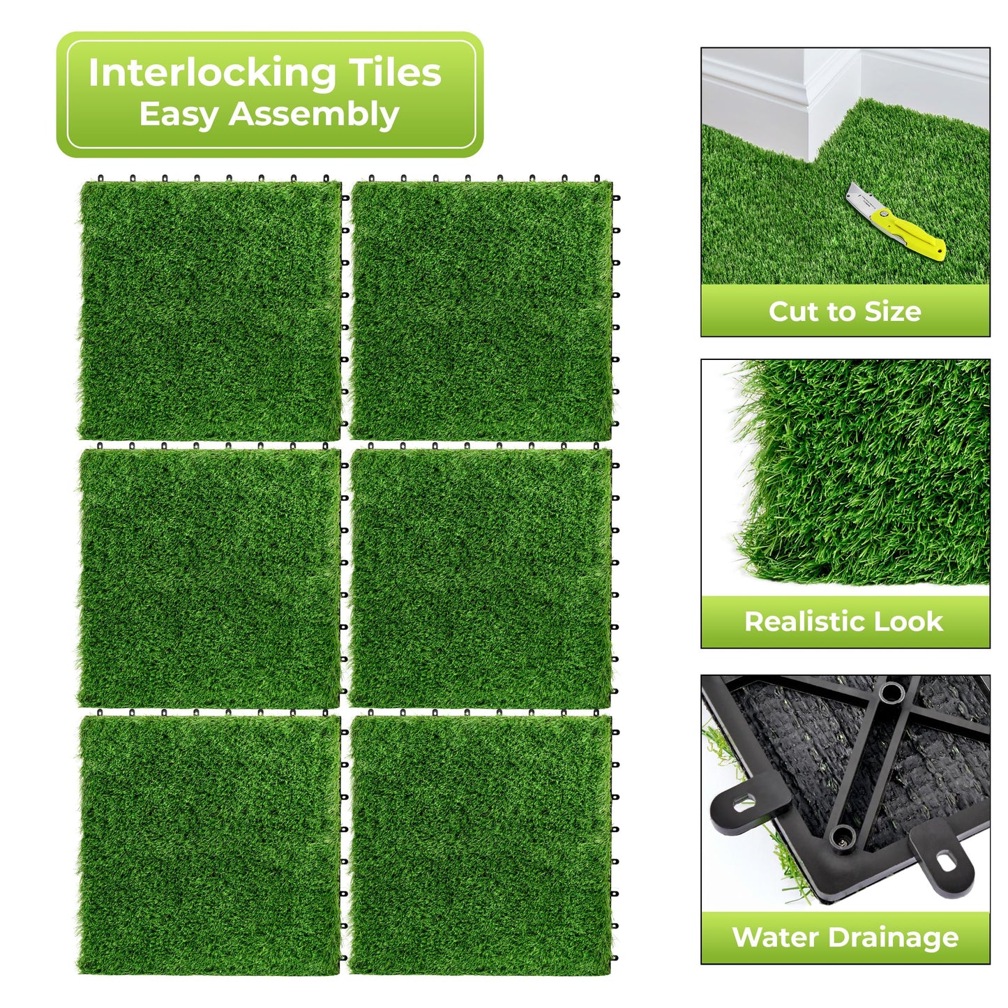 Sorbus 48Sq. Ft. Artificial Grass Tiles – Interlocking 24"x24" Fake Grass Mats for Balcony, Patio, Deck Flooring, Pets & Dog Pee Pad – Self-Draining Turf Squares with 8-Buckle System for Outdoor Decor