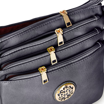 Woodland Leathers Crossbody Bags For Women, Multi Zipper Spacious Cross Body Bag Women With Adjustable Crossbody Strap, Golden decorated Women's Hobos & Shoulder Bags (Black)