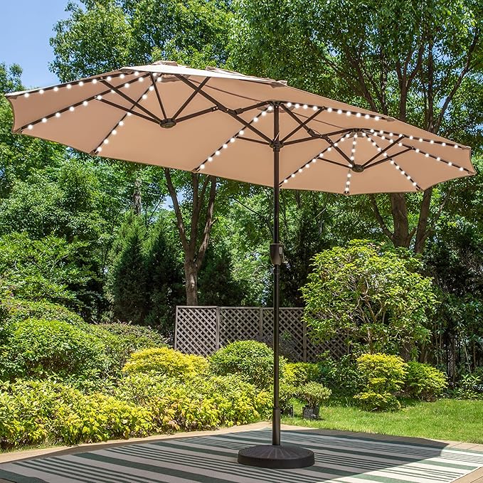PHI VILLA 13ft Patio Umbrella with Solar-Powered 120 PCS LED Color-Changing Lights, Triple-Head Large Rectangle Umbrella Outdoor Patio for Table with Crank Lift,Beige(No Base)