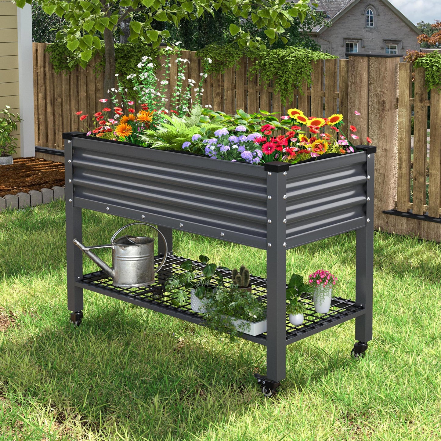 VEIKOU 48 x 24 x 34in Galvanized Steel Raised Garden Bed for Outdoor with Shelf and Casters, Drainage Holes, Steel Planter Box for Gardening Vegetable Flower Herb, 507 lbs Capacity, Gray
